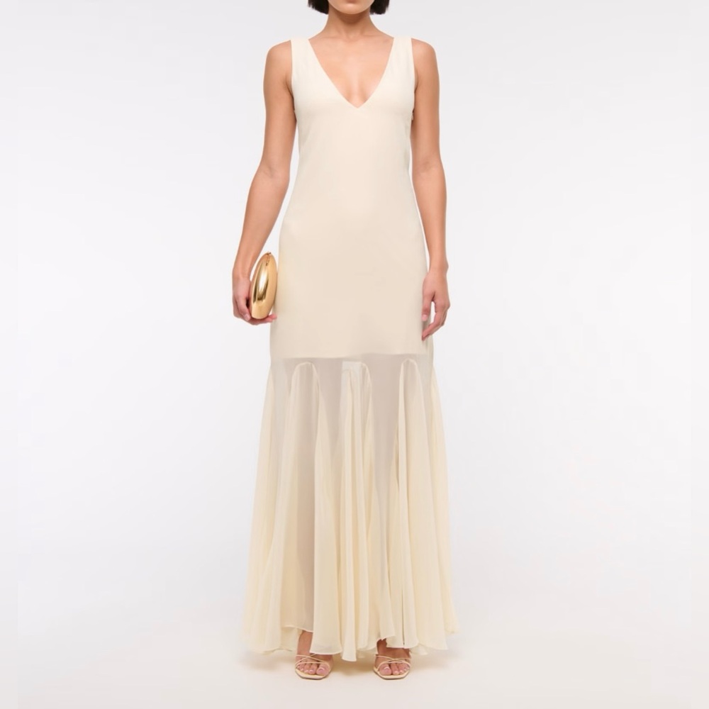 Plunge Godet Skirt Maxi Dress - Warm Beige